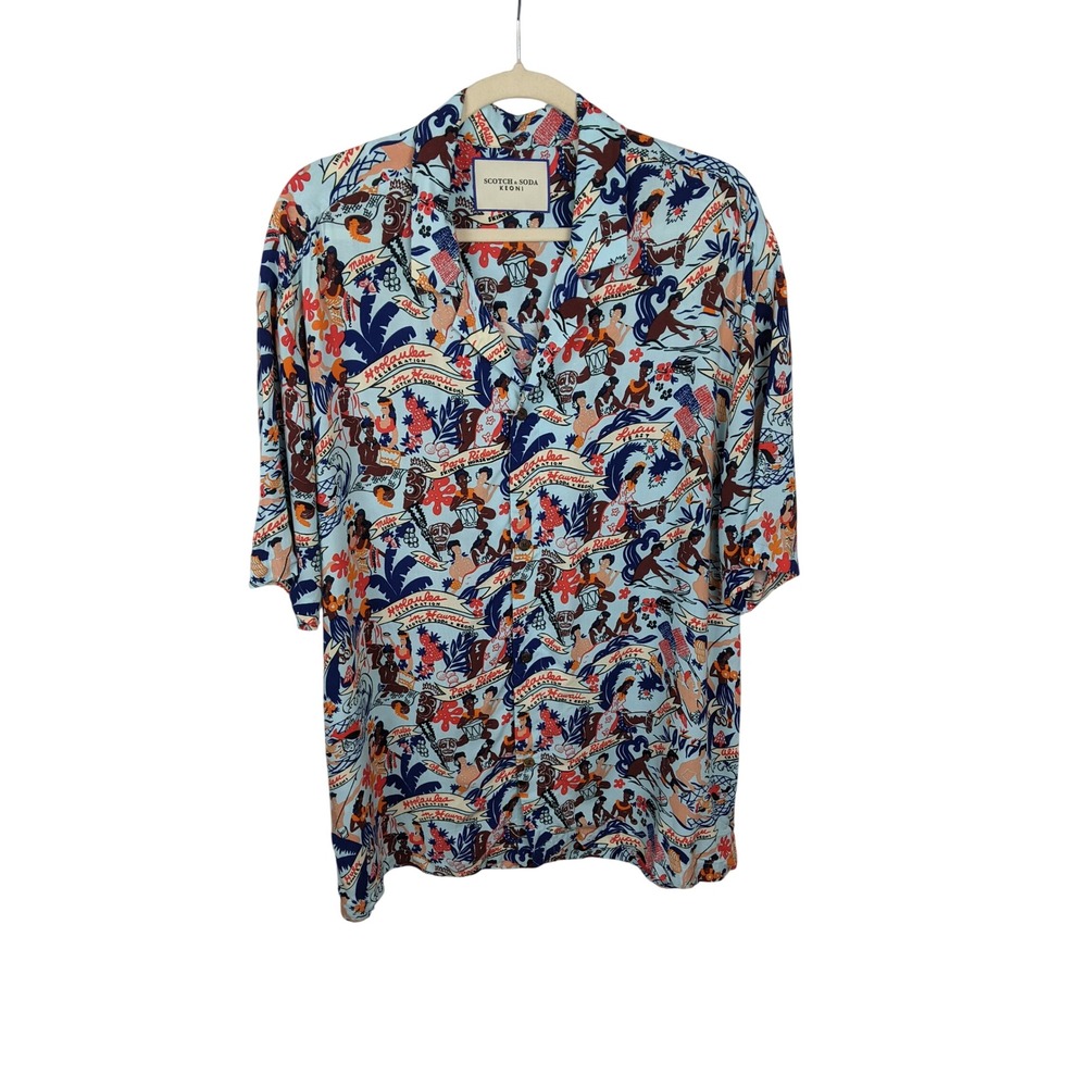 Scotch & Soda Keoni Hawaiian Hoolaulea Print Shirt Light Blue Mens XXL